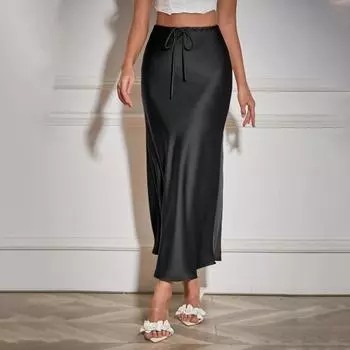 Женская юбка из шелковистого атласа с высокой талией, эластичная однотонная юбка трапециевидной формы с завязками на шнурке, мягкая дышащая повседневная женская юбка-макси XL серый