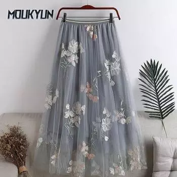 Женская юбка из тюля с вышитыми цветами, элегантная, с эластичной талией, миди, юбка из цветочной сетки One Size серый