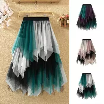 Женская юбка из тюля с высокой талией, плиссированная юбка, асимметричная женская юбка, контрастный цвет, неровный подол, юбка белый