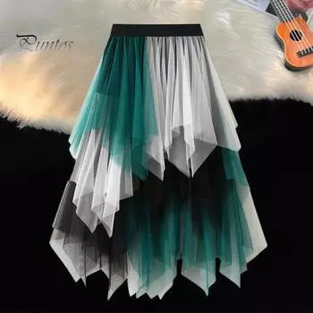 Женская юбка из тюля с высокой талией, плиссированная юбка, асимметричная женская юбка, контрастный цвет, неровный подол, юбка зелёный
