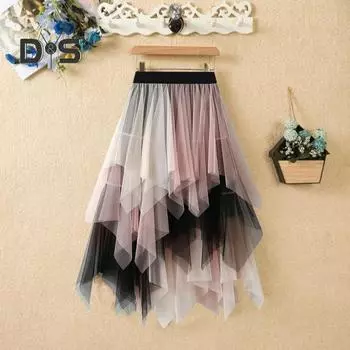 Женская юбка из тюля с высокой талией, плиссированная юбка, асимметричная женская юбка, контрастный цвет, неровный подол, юбка зелёный