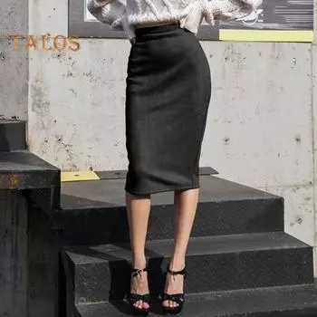 Женская юбка-карандаш с высокой талией и бедрами, однотонная замшевая юбка с разрезом сзади, молния, планка, юбка длиной до колена M зелёный