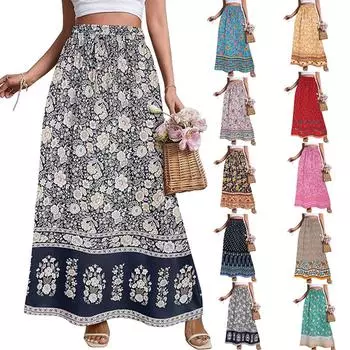 Женская юбка летняя с принтом свободная с высокой талией юбка большого размера L чёрный