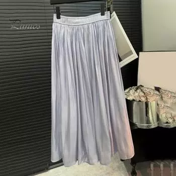 Женская юбка-макси, эластичная плиссированная юбка трапециевидной формы с высокой талией, блестящая перламутровая шифоновая плиссированная юбка из пряжи серый