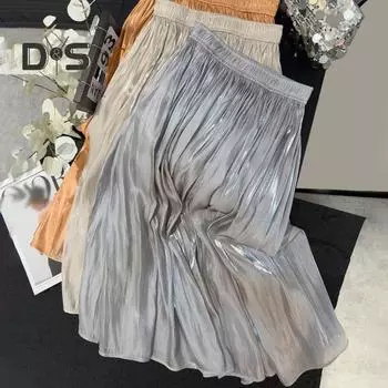 Женская юбка-макси, эластичная плиссированная юбка трапециевидной формы с высокой талией, блестящая перламутровая шифоновая плиссированная юбка из пряжи серый