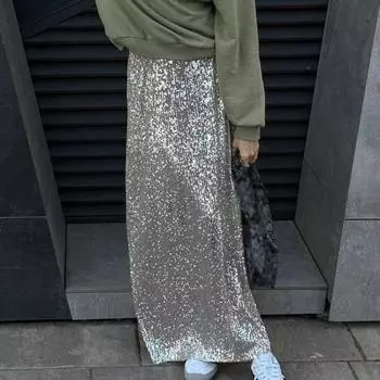 Женская юбка-макси, эластичная юбка с высокой талией и блестками, длинная стильная юбка, уличная блестящая юбка свободного покроя, вечернее шоу в ночном клубе S золотистый