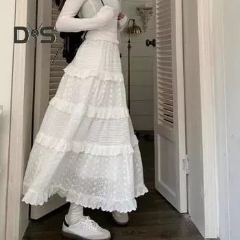 Женская юбка-макси эластичная юбка трапециевидной формы с высокой талией, однотонная полая вязанная крючком юбка с цветочным узором и рюшами, юбка-торт M белый