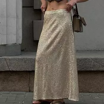 Женская юбка макси, эластичная высокая талия, блестящие блестки, длинная юбка, уличный стиль, свободная юбка, юбка для ночного клуба, сценическое шоу S золотистый