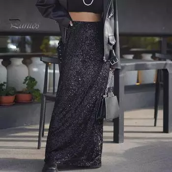 Женская юбка макси, эластичная высокая талия, блестящие блестки, длинная юбка, уличный стиль, свободная юбка, юбка для ночного клуба, сценическое шоу S серебряный