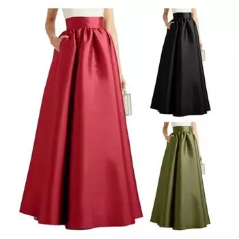 Женская юбка макси из искусственного атласа, А-силуэта, длиной до пола, однотонная, с высокой талией, с карманами, элегантная, винтажная, повседневная, свободного покроя, длинная, осень XL зелёный