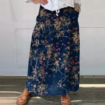 Женская юбка-макси с эластичной резинкой на талии и цветочным принтом, юбка-трапеция в богемном стиле, свободная пляжная юбка в стиле ретро с карманами 3XL светло-серый