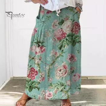 Женская юбка-макси с эластичной резинкой на талии и цветочным принтом, юбка-трапеция в богемном стиле, свободная пляжная юбка в стиле ретро с карманами 3XL светло-серый