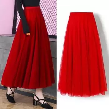 Женская юбка-макси с эластичной резинкой на талии, сетчатая шифоновая юбка, однотонная танцевальная юбка с большим подолом, многослойная марлевая плиссированная юбка M чёрный