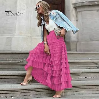 Женская юбка-макси с эластичной сетчатой высокой талией и многослойным подолом, юбка-тортик, однотонная длинная юбка трапециевидной формы, пышная юбка в британском стиле XL розы красного