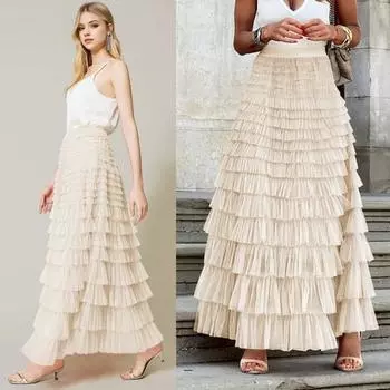 Женская юбка-макси с эластичной сетчатой высокой талией и многослойным подолом, юбка-тортик, однотонная длинная юбка трапециевидной формы, пышная юбка в британском стиле XL розы красного