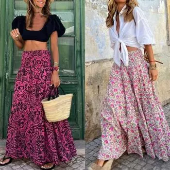 Женская юбка-макси с эластичной высокой талией, большой дизайн, длинная юбка, дизайн сращивания, юбка-трапеция с принтом, большая праздничная юбка XL розы красного