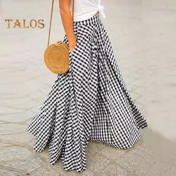 Женская юбка-макси с эластичной высокой талией и клетчатым принтом, юбка-трапеция с карманами, большой подол, ретро-юбка, уличная одежда L синий