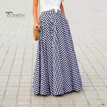 Женская юбка-макси с эластичной высокой талией и клетчатым принтом, юбка-трапеция с карманами, большой подол, ретро-юбка, уличная одежда L чёрный