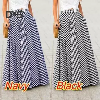Женская юбка-макси с эластичной высокой талией и клетчатым принтом, юбка-трапеция с карманами, большой подол, ретро-юбка, уличная одежда L чёрный