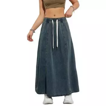 Женская юбка макси с эластичной завышенной талией, регулируемая юбка-трапеция на шнурке с карманами, однотонная повседневная юбка M
