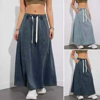 Женская юбка макси с эластичной завышенной талией, регулируемая юбка-трапеция на шнурке с карманами, однотонная повседневная юбка M темно-синий