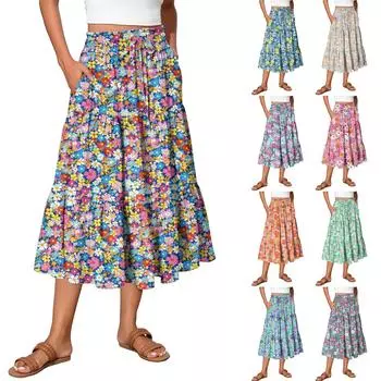 Женская юбка макси с завязками на завышенной талии, летние длинные юбки, легкие многослойные струящиеся цветочные плиссированные юбки M синий