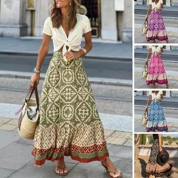 Женская юбка макси, винтажная дышащая, с большим подолом, с высокой талией, лоскутное платье, красочный принт, эластичная талия, женская юбка, женская одежда S синий