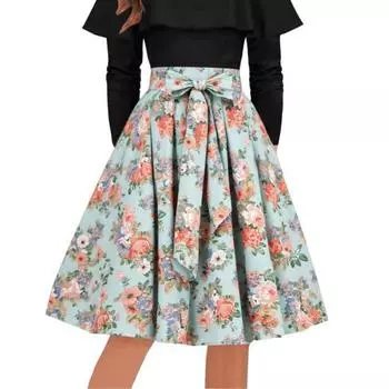Женская юбка миди А-силуэта с высокой талией, с цветочным принтом, приталенного кроя, длиной до середины икры, для работы, отдыха и повседневной носки S зелёный
