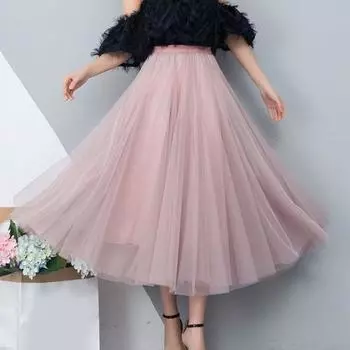 Женская юбка миди, эластичная длинная юбка с высокой талией и однотонным сетчатым подолом, однотонная юбка А-силуэта, повседневная одежда белый