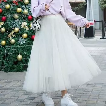 Женская юбка миди, эластичная длинная юбка с высокой талией и однотонным сетчатым подолом, однотонная юбка А-силуэта, повседневная одежда абрикосовый