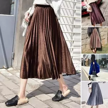 Женская юбка миди эластичная с высокой талией однотонная свободная длинная юбка S верблюд