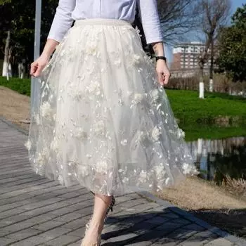 Женская юбка-миди, эластичная сетчатая юбка с высокой талией и цветочной вышивкой, двухслойная тюлевая юбка трапециевидной формы с большим подолом серый