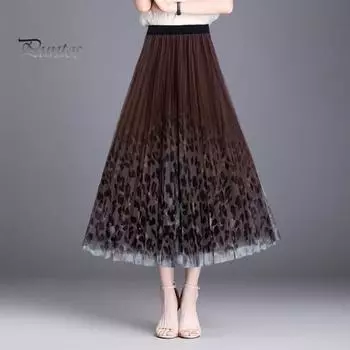 Женская юбка миди, эластичная юбка А-силуэта с высокой талией, сетчатая пряжа с леопардовым принтом, осенне-зимняя юбка, свободная плиссированная юбка зелёный