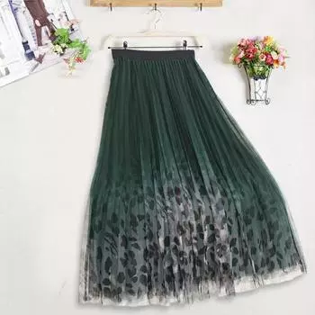 Женская юбка миди, эластичная юбка А-силуэта с высокой талией, сетчатая пряжа с леопардовым принтом, осенне-зимняя юбка, свободная плиссированная юбка зелёный