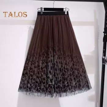 Женская юбка миди, эластичная юбка А-силуэта с высокой талией, сетчатая пряжа с леопардовым принтом, осенне-зимняя юбка, свободная плиссированная юбка зелёный