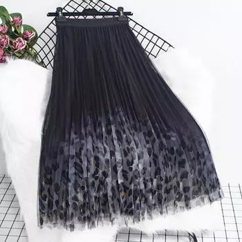 Женская юбка миди, эластичная юбка А-силуэта с высокой талией, сетчатая пряжа с леопардовым принтом, осенне-зимняя юбка, свободная плиссированная юбка зелёный