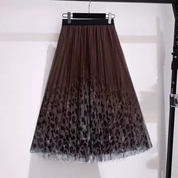 Женская юбка миди, эластичная юбка А-силуэта с высокой талией, сетчатая пряжа с леопардовым принтом зелёный