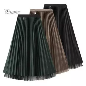 Женская юбка миди, эластичная юбка А-силуэта с высокой талией, однотонная, двухсторонняя, двусторонняя, осенне-зимняя юбка кофейный