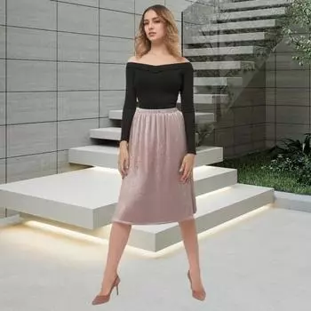 Женская юбка миди, эластичная юбка с высокой талией, длиной до середины икры, однотонная юбка из блестящего бархата с широким подолом, повседневная одежда чёрный