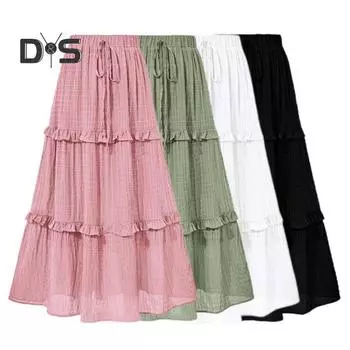 Женская юбка-миди, эластичная высокая талия, регулируемая плиссированная юбка на шнурке, однотонная юбка трапециевидной формы с рюшами, повседневная одежда S белый