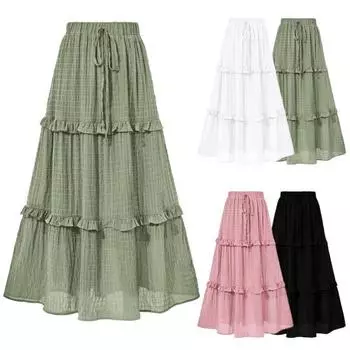 Женская юбка-миди, эластичная высокая талия, регулируемая плиссированная юбка на шнурке, однотонная юбка трапециевидной формы с рюшами, повседневная одежда S белый