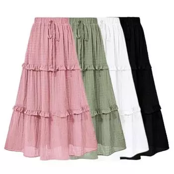 Женская юбка-миди, эластичная высокая талия, регулируемая плиссированная юбка на шнурке, однотонная юбка трапециевидной формы с рюшами, повседневная одежда S белый
