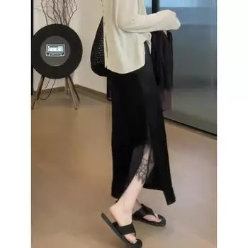 Женская юбка миди большого размера с высокой талией, черная, с кружевным разрезом - Летний А-силуэт XL (Recommended for 60-68 kg)