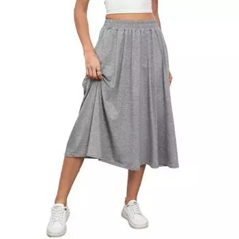 Женская юбка миди Эластичная высокая талия Большой подол Длина до середины икры Однотонная Юбка в стиле для работы S светло-серый