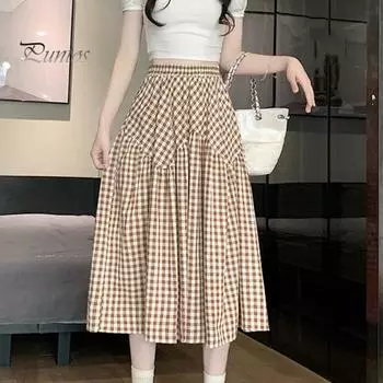 Женская юбка-миди, клетчатая юбка-трапеция с принтом и шитьем, эластичная юбка с высокой талией в ретро-стиле, распашная юбка, повседневная одежда чёрный