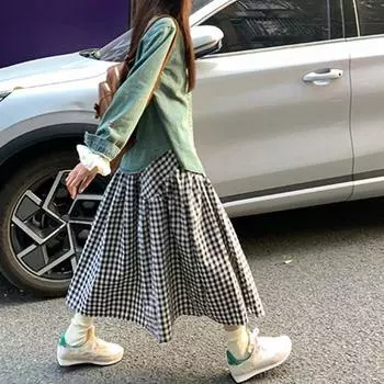 Женская юбка-миди, клетчатая юбка-трапеция с принтом и шитьем, эластичная юбка с высокой талией в ретро-стиле, распашная юбка, повседневная одежда чёрный