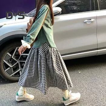 Женская юбка-миди, клетчатая юбка-трапеция с принтом и шитьем, эластичная юбка с высокой талией в ретро-стиле, распашная юбка, повседневная одежда красный