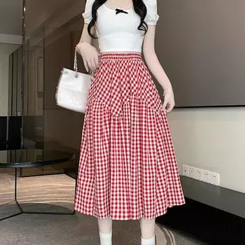 Женская юбка-миди, клетчатая юбка-трапеция с принтом и шитьем, эластичная юбка с высокой талией в ретро-стиле, распашная юбка, повседневная одежда One Size чёрный
