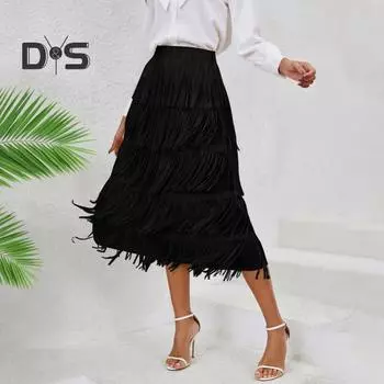 Женская юбка-миди с эластичной резинкой на талии, трапециевидная юбка средней длины с бахромой, однотонная юбка для отдыха, пляжа, путешествий, повседневная одежда L розовый