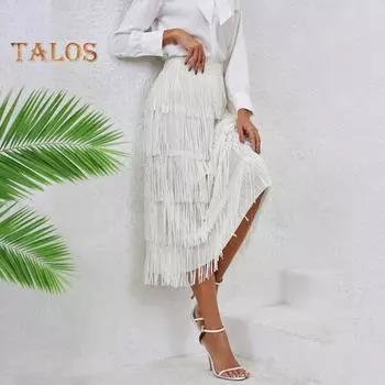 Женская юбка-миди с эластичной резинкой на талии, трапециевидная юбка средней длины с бахромой, однотонная юбка для отдыха, пляжа, путешествий, повседневная одежда L розовый